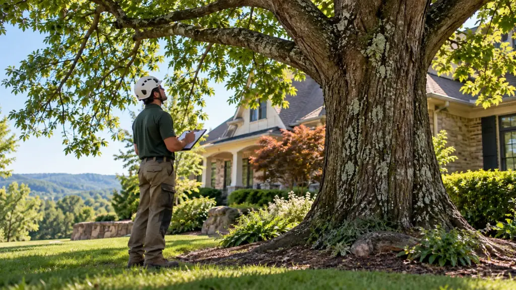Arborist inspecting a mature tree near a home